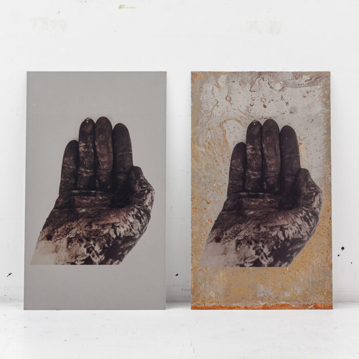 Hand #1_Hand#2, 2014, print on iron plate, print on oxidized iron plate, 36x21,5 cm. Fondazione Mudima, Milano  Hand #1_Hand#2, 2014, print on iron plate, print on oxidized iron plate, 36x21,5 cm. Fondazione Mudima, Milano
