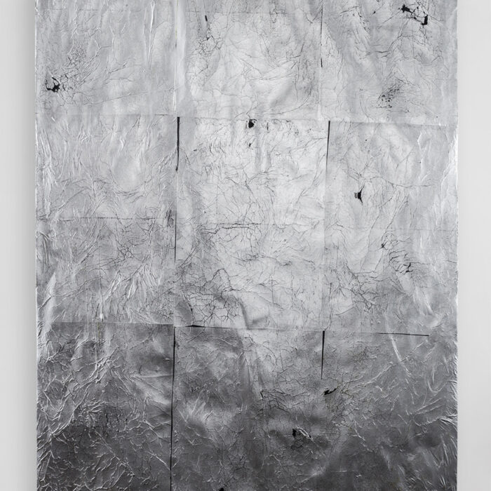 a#1, 2020, acrylic and silver tissue paper on carta fabriano gr 300, 190x140 cm