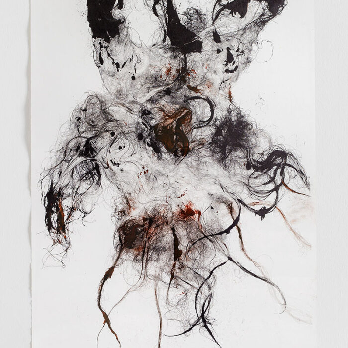 m_b #1 (enki), 2018, raw wales wool and chalcographic ink, 90x70 cm. L'Arca, Centro Arti Contemporanee, Teramo 